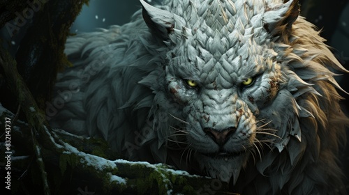 Portrait of a fantasy cat in a snowy forest close up © Darcraft