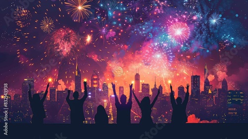 A group of friends celebrating New Year Day at a rooftop party with a city skyline and fireworks in the background cartoon Vector Illustration Generative AI © GenerativeAIpicture