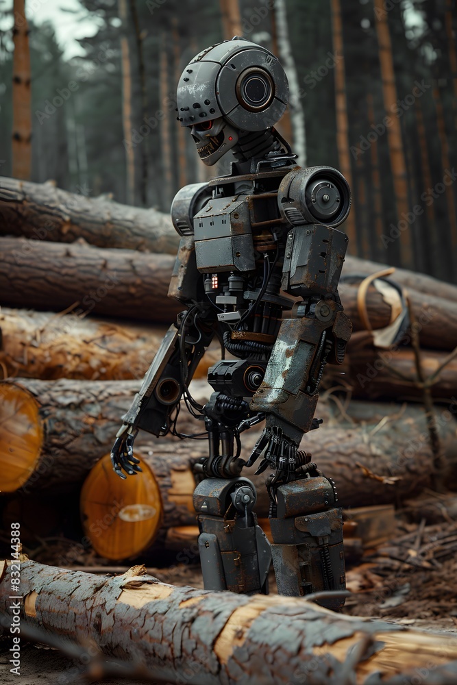 A black, slightly intimidating humanoid robot lumberjack stands against the background of logs and looks to the left A black, slightly intimidating humanoid robot lumberjack stands against the background of logs and looks to the left