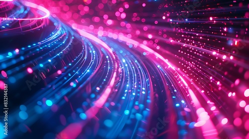 Swirls of pink and blue neon lights creating a vortex of digital information, with subtle bokeh effects enhancing the depth