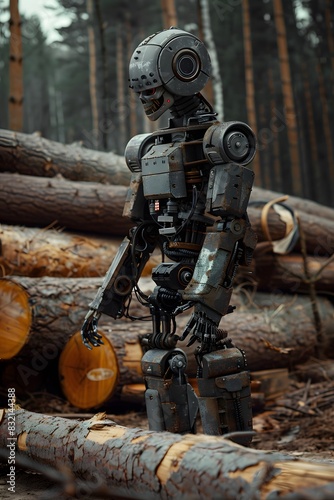 A black  slightly intimidating humanoid robot lumberjack stands against the background of logs and looks to the left