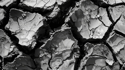 Cracked earth ground fissures dehydrated soil warming planet environmental shifts monochrome tones organic patterns abstract earthscape photo