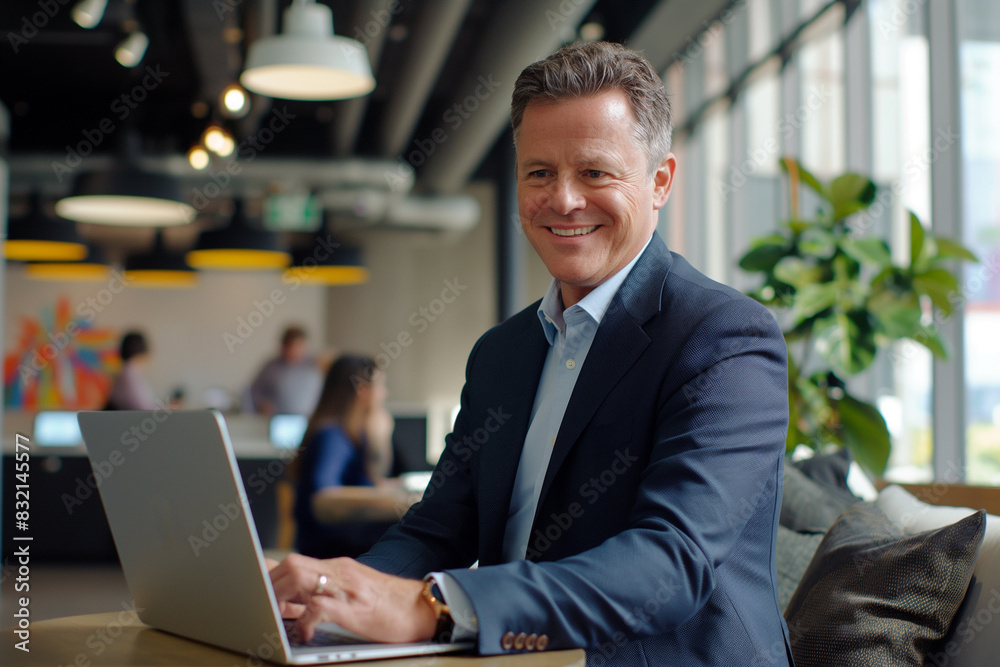A successful brutal freelancer or CEO. A stylish guy uses a laptop, browses the Internet, looking for ideas for a project, standing in the office A successful brutal freelancer or CEO. A stylish guy uses a laptop, browses the Internet, looking for ideas for a project, standing in the office