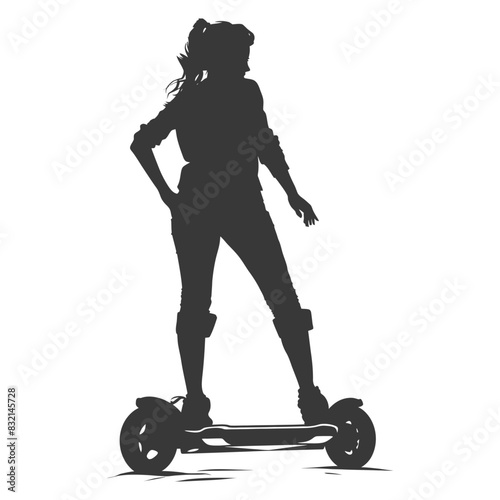 Silhouette of a Woman on Electric Skateboard, Ponytail and Knee Pads.