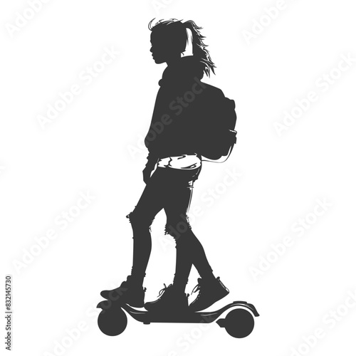 Silhouette of teenage girl with backpack riding electric scooter, urban commute.