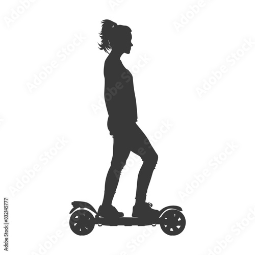 Silhouette: Woman Balancing on Self-Balancing Scooter, Minimalist Urban Transport, Profile View.