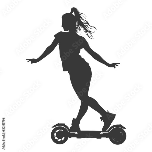Silhouette of a woman balancing on a self-balancing scooter.