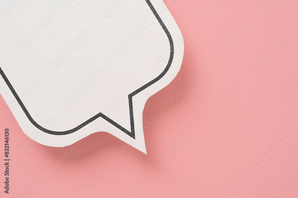 For conceptual image about communication and social media, customer feedback, part of real blank white speech bubble paper cut on pink color background For conceptual image about communication and social media, customer feedback, part of real blank white speech bubble paper cut on pink color background