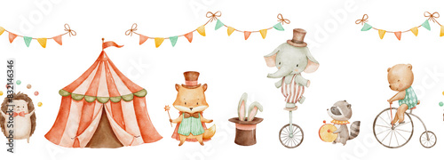 Seamless border with circus tent and characters, cute animals, watercolor hand drawn illustrations for nursery and kids. Woodland baby elephant, bear and hedgehog