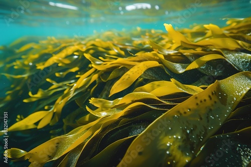 Underwater sunlight illuminating golden kelp, highlighting nutri