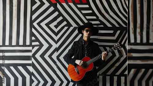 Melodic Melancholy: Man Strums Guitar Against Monochrome Wall photo