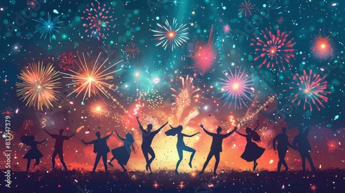 A festive New Year Day celebration with people dancing and fireworks lighting up the night sky cartoon Vector Illustration Generative AI © GenerativeAIpicture