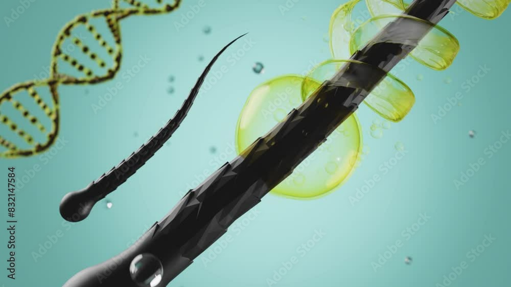 3d restore and nourish hair with shampoo, serum, treatment hair care, bubbles and Dna background. 3d render illustration, alpha channel