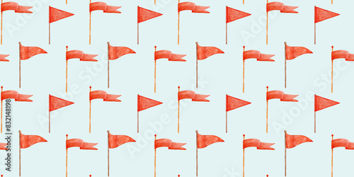 Seamless pattern with watercolor red flags on blue background. Hand drawn graphic endless backdrop