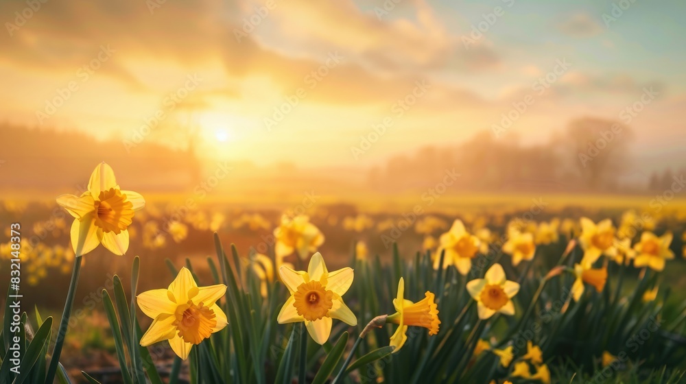 Stunning Morning Scene of Yellow Daffodil Flower Field Ideal spring backdrop floral view