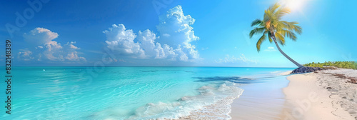 Tropical beach with clear blue water and a leaning palm tree under a bright sunny sky creating a perfect paradise getaway 