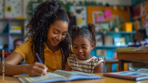 Two young students are engaged in reading a book together in a lively classroom setting