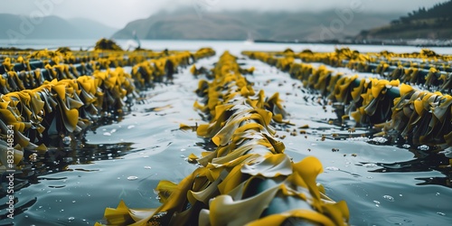 Sustainable kelp farm in serene water, eco-friendly marine nutri photo