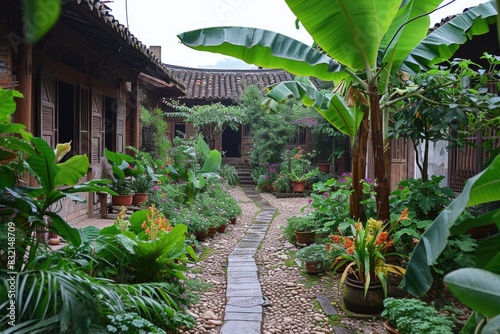 back courtyard of an old wooden house with vegetable and fruit plants