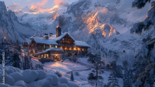 Alpine Ski Lodge at Dusk with Glowing Windows