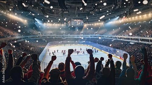 Hockey, fans, show, performance, skates, fans, hands up. Competition, hockey, ice rink, collision, drawn style, puck, stick, traumatic sport, rivalry, match. Generative by AI.