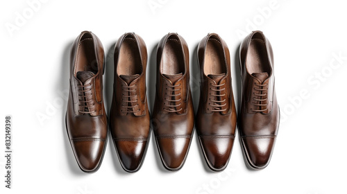 A minimalist display featuring men's brown leather shoes arranged in a flat lay style against a clean white background, highlighting their versatility and understated luxury