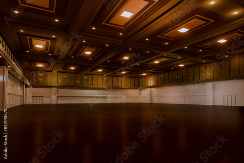 Empty convention hall center .The backdrop for exhibition stands,booth elements. Meeting room for the conference.Big Arena for entertainment,concert,event. ballroom.3d Background for online.3d render.