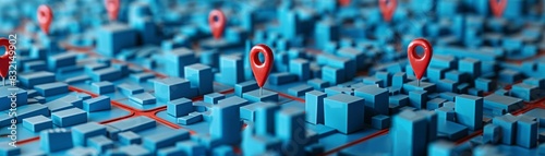 3D stylized map with bold red location pins dominating a sea of blue buildings, pinpointing crucial urban hotspots in a digital cityscape photo