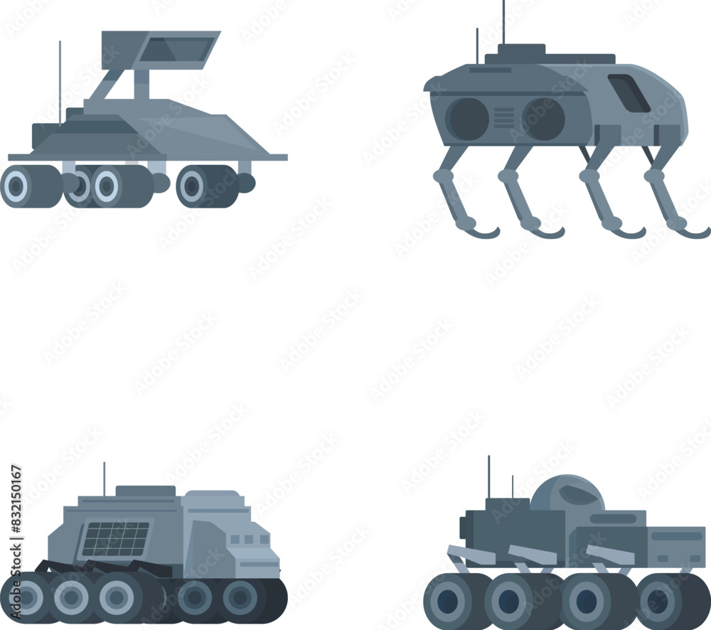 Fototapeta premium Four isolated vector illustrations of futuristic military vehicles on a white background