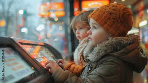 Young children are using an interactive touch screen at a brightly-lit public space