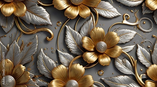 3D rendering of a repeating pattern of gold and silver flowers and leaves on a gray