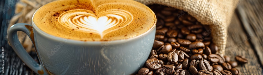 Obraz premium A closeup of a heart design in the foam of a cappuccino, symbolizing love and passion for coffee, with whole beans spilling from a burlap sack