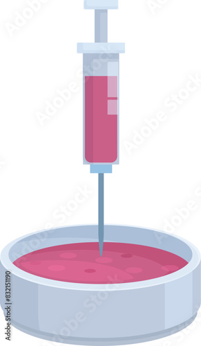 Digital illustration of a syringe drawing blood from a petri dish, isolated on a white background