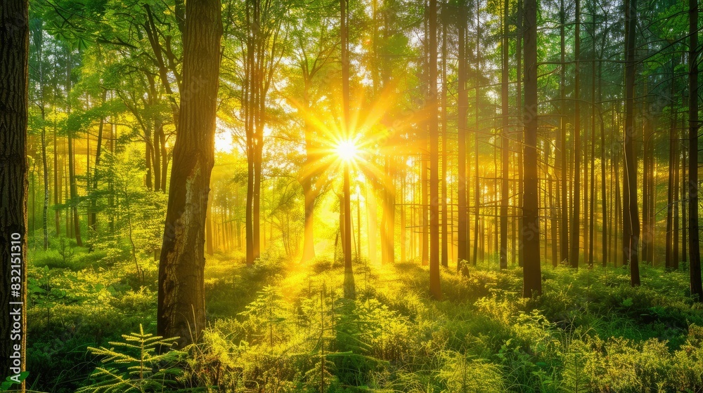 Radiant sunburst through dense, misty forest canopy at sunrise Radiant sunburst through dense, misty forest canopy at sunrise