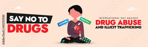 International day against drug abuse and illicit trafficking. 26th June World Drug day cover banner, post with an addict boy to strengthen action, cooperation in achieving a world free of drug abuse photo