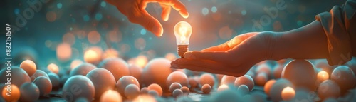 A conceptual piece showing a lit light bulb being handed from one person to another, symbolizing the passing of knowledge, against a backdrop of soft glowing orbs photo