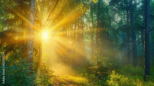 Radiant sunburst through dense  misty forest canopy at sunrise