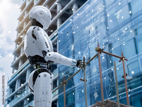 A white humanoid robot architect stands against the background of a building under construction and looks at the building plan