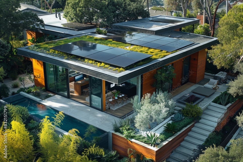 Solar Panel Roof and Garden with Green Roof and Drought-Tolerant Plants
Solar Panel Roof and Garden with Green Roof and Drought-Tolerant Plants