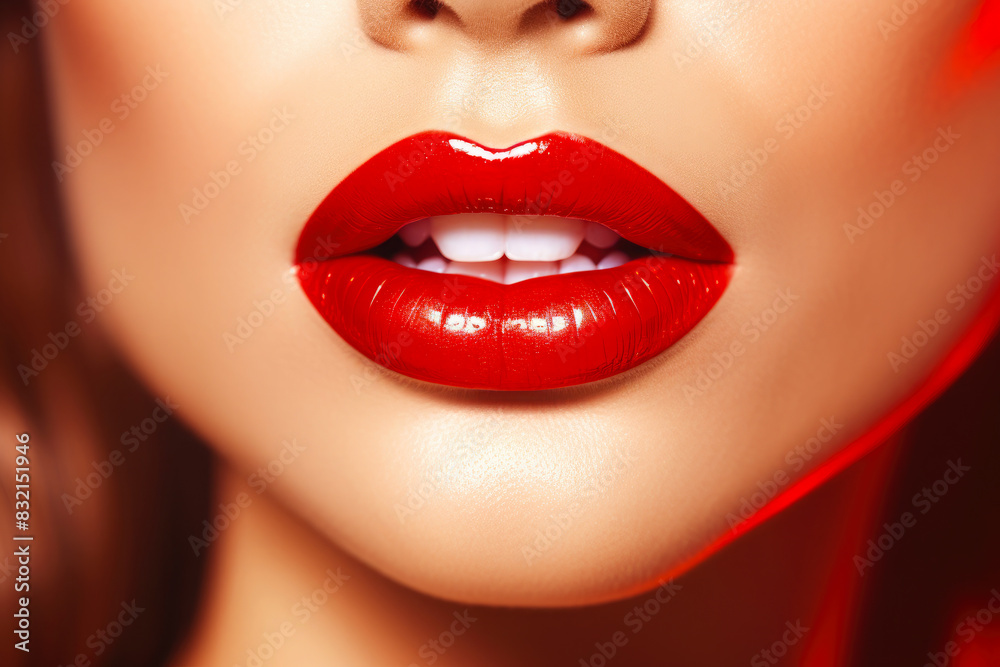 Passionate red lips close up. Beautiful perfect makeup - cosmetic beauty procedures. Sexy woman red lips Passionate red lips close up. Beautiful perfect makeup - cosmetic beauty procedures. Sexy woman red lips