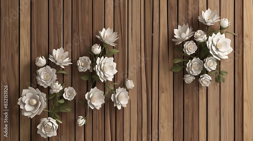 white and cream colored flower bouquets on a wood paneled wall.