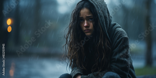 Portrait of an upset girl. homelessness,escape from home photo