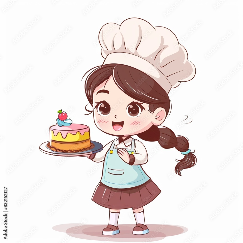 Girl cartoon chef profession bring cake isolated white Girl cartoon chef profession bring cake isolated white