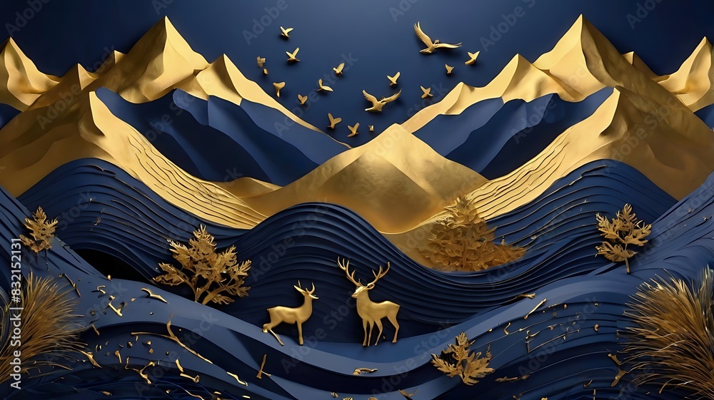 dark blue background with gold 3D mountains and gold birds. dark blue background with gold 3D mountains and gold birds.