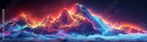A dramatic portrayal of a mountain range highlighted with intense neon effects, emphasizing a blend of nature and digital art