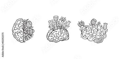 Human brain icons in doodle style. Silhouette of the human brain from different angles isolated on a white background. Concept of mental health and psychological stability.