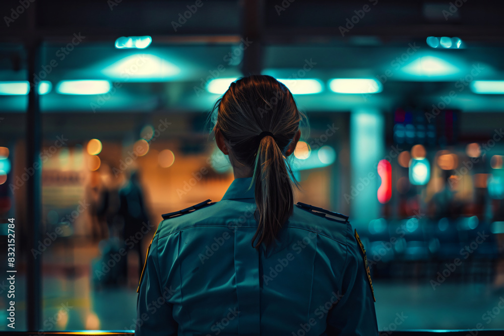 Back View of a Female Police Officer at Airport Back View of a Female Police Officer at Airport