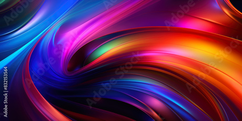 3d abstract wallpaper. Liquid metal rainbow waves banner. Three dimensional rainbow colored swirls background © Aquir