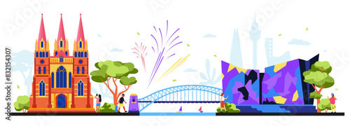 St Pauls Cathedral and ACMI - modern colored vector illustration with church for Anglicans in Melbourne, Harbor Bridge and museum dedicated to films, television, video games and art. Heritage idea
