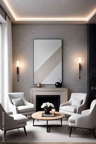 Luxury Living Room in Dark Colors with Gray Walls  Warm Lighting  and Taupe Lounge Chairs. Empty Space for Art or Picture. Rich Interior Design. Mockup of a Lounge Room or Hall Reception. 3D Render.